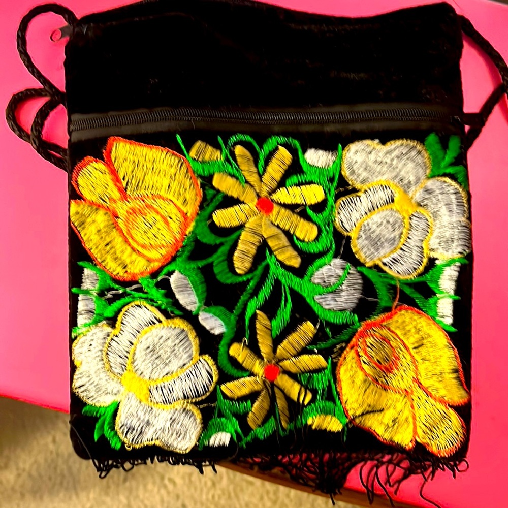 Embroidered Velour Fringe Bag